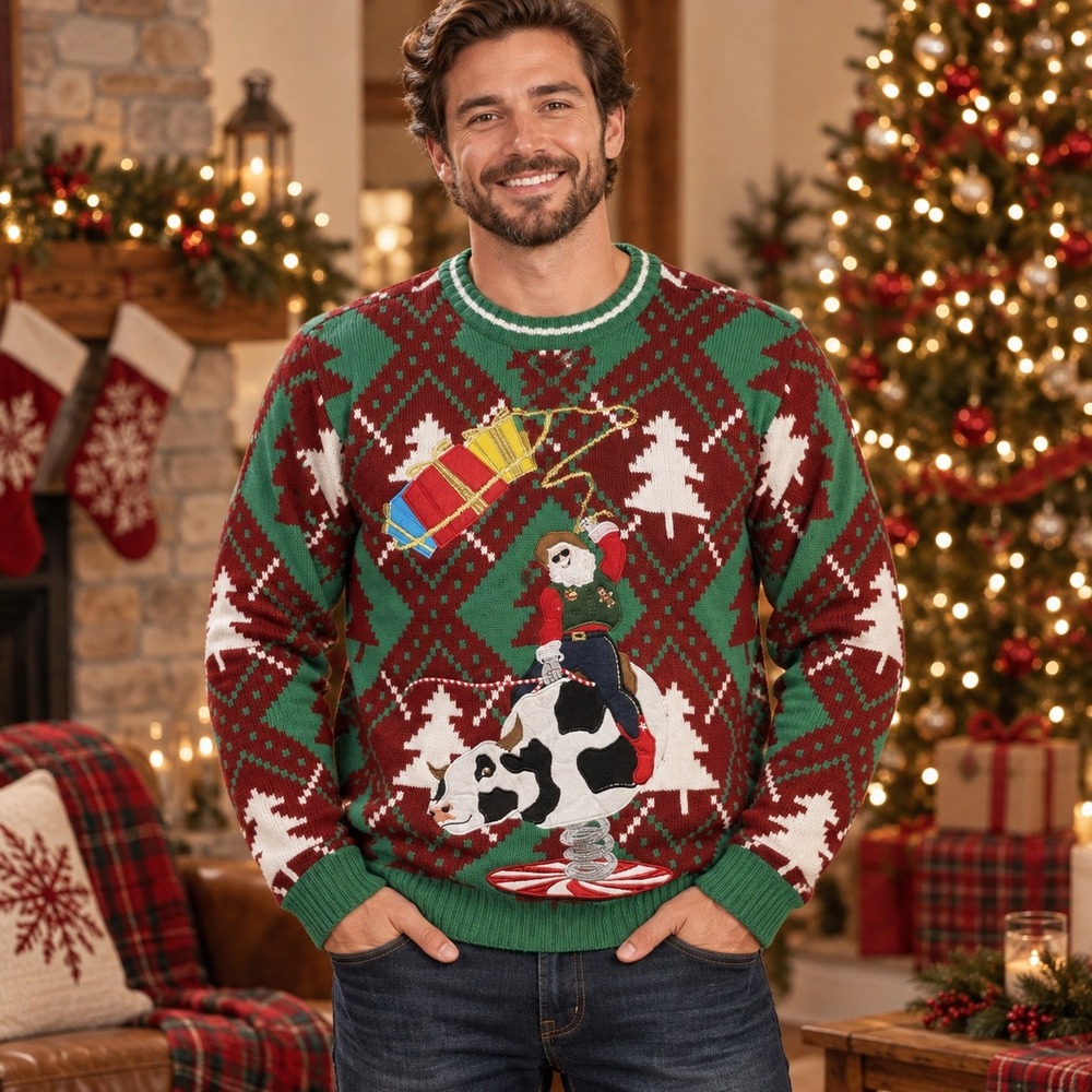 Blizzard Bay Mens L Ugly Christmas Sweater Cowboy Santa Bull Rider NWT Argyle